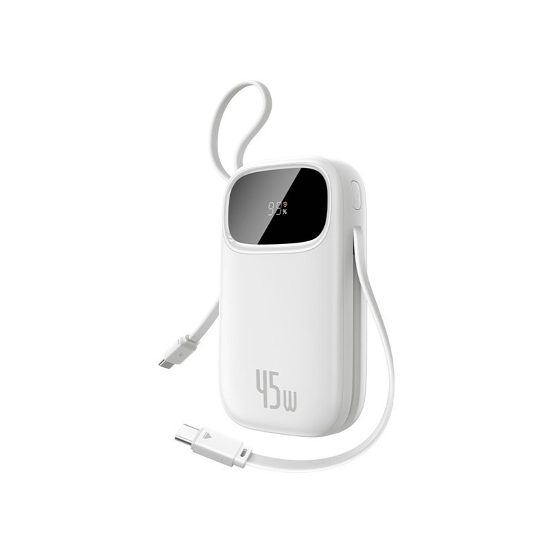 OS-Baseus EnerFill FC31 Digital Display Power Bank with 2 Built-in USB-C Cables 10000mAh 45W Moon White