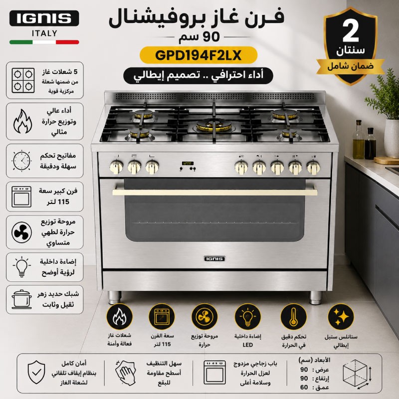 IGNIS GPD 194 F2 LX Professional Gas Cooker 90cm - Stainless Steel